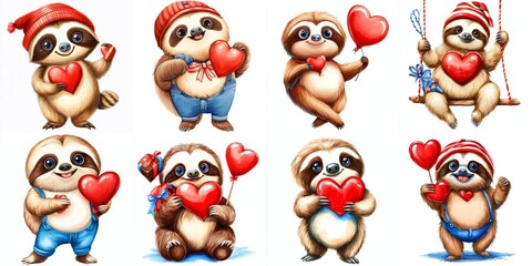 Obraz premium Cute Sloths Valentine's Day Clipart - Adorable sloth illustrations, perfect for Valentine's Day cards, social media posts, or cute seasonal designs. Symbolizing love, friendship, happiness, and swee