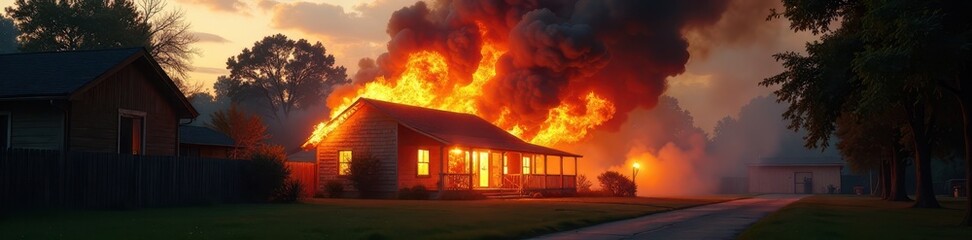 Fototapeta premium Flames engulfing a suburban home, smoke billowing , orange, loss