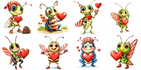 Fototapeta premium Cute Valentine Grasshoppers with Hearts - Adorable cartoon grasshoppers holding hearts, symbolizing love, friendship, Valentine's Day, sweetness, and spring.
