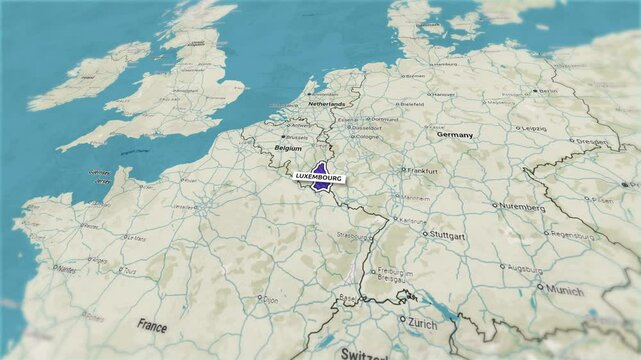 Borders of the state of Luxembourg on the map. Country Luxembourg on the map is highlighted by a polygonal border. From above zooming in with panoramic view