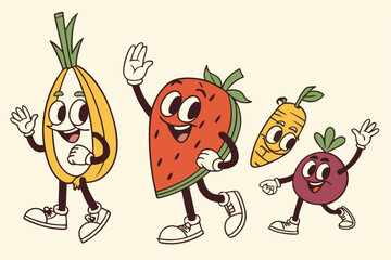 Obraz premium Colorful cartoon characters, anthropomorphic fruits and vegetables, retro style illustrations, expressive faces, waving hands, happy emotions, vibrant colors, simple designs, various shapes and sizes,
