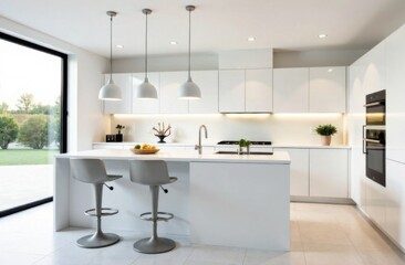 Fototapeta premium Modern white kitchen with minimalist design, featuring sleek cabinets, an island with a sink, and large windows offering a view of nature