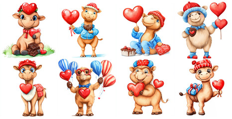 Cute Watercolor Camels Valentine's Day Clipart - Adorable watercolor camels celebrate Valentine's Day with hearts, chocolate, balloons, and gifts.  Symbolizing love, friendship, sweetness, joy, and ce