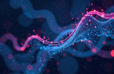 Abstract wave of glowing blue and pink particles forming a dynamic flow, representing energy, connection, and futuristic technology concepts