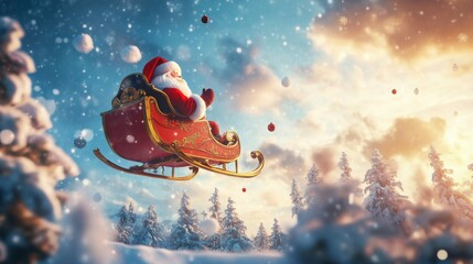 Santa claus flying in red sleigh over snowy forest at sunset