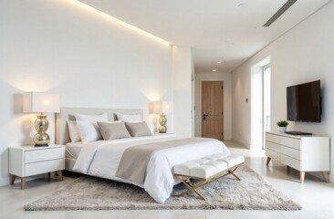 Minimalist white bedroom interior with large windows offering scenic views, soft bedding, light curtains, and a cozy rug, creating a bright and serene atmosphere