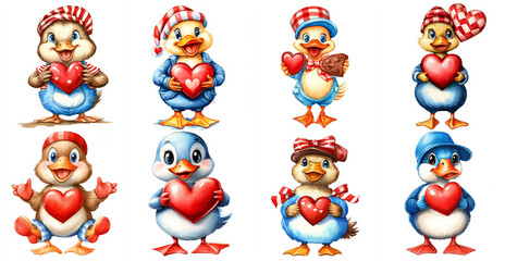 Fototapeta premium Cute Watercolor Ducks with Valentine Hearts - Adorable cartoon ducks holding hearts, symbolizing love, affection, Valentine's Day, cuteness, and springtime.