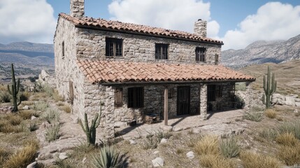 Stone House in Arid Mountain Landscape