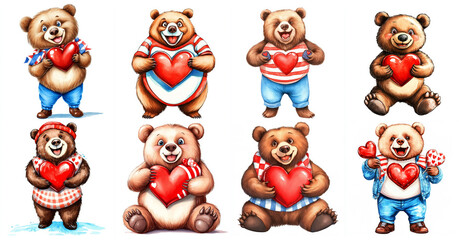 Cute Watercolor Grizzly Bears with Valentine Hearts - Adorable grizzly bears,  watercolor style, holding valentine hearts, symbolizing love, friendship, sweetness, care, and celebration.