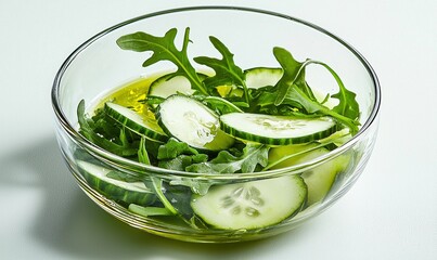 Obraz premium Fresh and vibrant salad showcasing crisp arugula, creamy avocado, and glossy cucumber slices in a minimalist setting