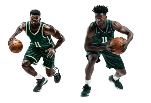 African American male basketball player. green basketball uniform , holding a basketball in the palm of his hand in the air. transparent background