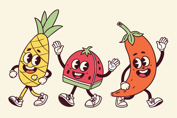 Colorful cartoon characters, anthropomorphic fruits and vegetables, retro style illustrations, expressive faces, waving hands, happy emotions, vibrant colors, simple designs, various shapes and sizes,