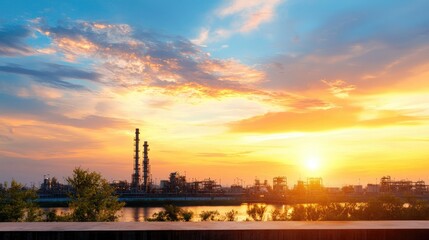 Obraz premium Industrial Sunset Refinery silhouette at sunset over water. Use Website banners, industrial reports
