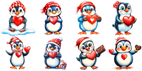 Cute Watercolor Penguins with Valentine Hearts - Adorable penguin clipart, perfect for Valentine's Day. Symbolizing love, friendship, winter, sweetness, and fun.  Cute cartoon penguins holding hearts 