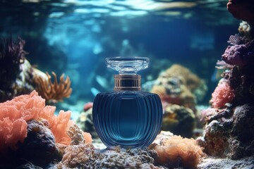A glass perfume bottle underwater surrounded by vibrant orange coral and a sandy seabed.