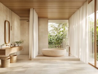 A bathroom with a bathtub and a sink. The bathtub is white and the sink is white