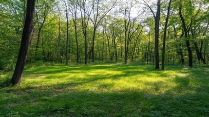 Sunlit Meadow in a Verdant Green Forest