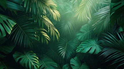 Lush Green Tropical Palm and Monstera Leaves