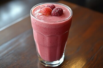 Creamy pink smoothie topped with raspberries on a wooden table