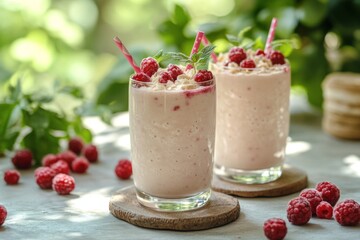 Creamy raspberry smoothies topped with mint and straws on a sunny day