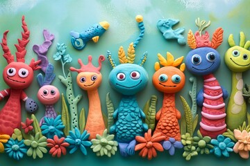 Vibrant clay creatures arranged in a playful, imaginative scene