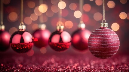 Red Christmas ornaments hang, bokeh background