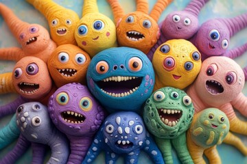 Fototapeta premium Vibrant cartoon monsters displaying joyful expressions and bright colors