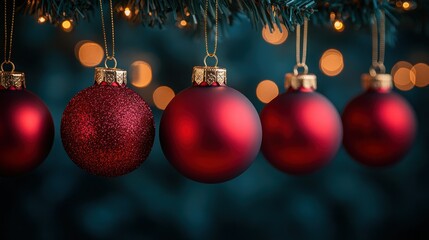 Fototapeta premium Red Christmas ornaments hanging tree lights bokeh