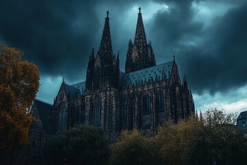 Dramatic clouds loom over a towering gothic cathedral