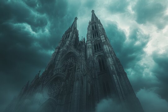 Gothic cathedral towers rise against ominous, swirling clouds - Powered by Adobe