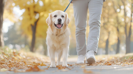 Obraz premium A cheerful dog enjoys an autumn walk with its owner in a park filled with colorful falling leaves