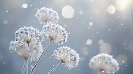 Obraz premium Frost-covered bodhi plant seed heads sparkle in winter sunlight against a gray sky with falling snowflakes, background picture, winter landscape