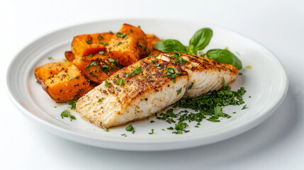 Delicious baked sweet potato and fish fillet served on a white plate against a minimalist white background for a fresh culinary experience