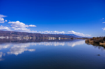 湊湖畔公園から見る早春の諏訪湖と八ヶ岳