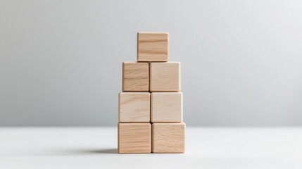 Wooden blocks stacked pyramidally on white surface, neutral background; growth, success concept