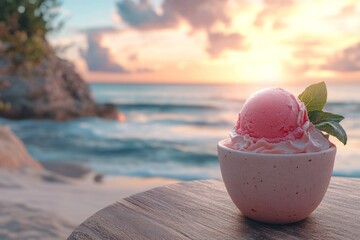 Strawberry ice cream in a bowl by the ocean at sunset