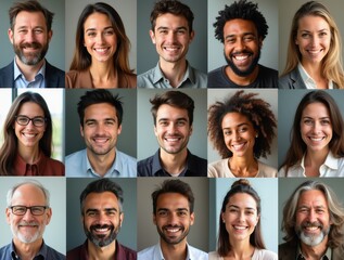 Diverse group of happy people smiling in collage of headshots