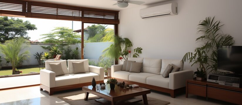 Modern Tropical Living Room Design with Air Conditioning and Garden View