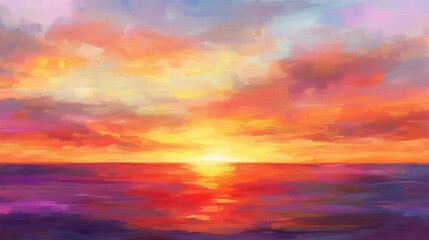 Fototapeta premium Vibrant Sunset Over Calm Ocean Waterscape Painting