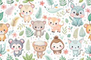 Obraz premium Cute cartoon animals and plants seamless pattern.