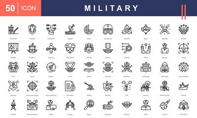 Icon set representing Military Operations, including surveillance, strategy, reconnaissance, special forces, defense, combat, training, and equipment. Perfect for defense and tactical projects. © Mia
