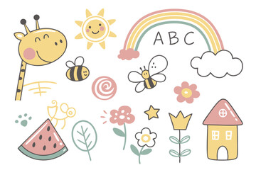 Colorful children's drawings, whimsical doodles, cute animals, giraffe, hippopotamus, bee, fish, cheerful icons, flowers, sun, rainbow, ABC letters, simple math equation, watermelon slice, tree, house
