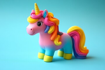 Naklejka premium Vibrant toy unicorn featuring a rainbow mane on a blue background