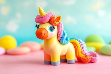 Vibrant clay unicorn with rainbow mane on a dreamy pastel backdrop