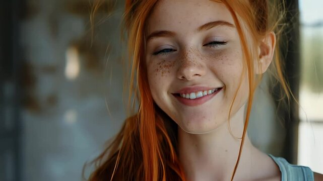 Portrait of a red-haired young girl with freckles on a gray background