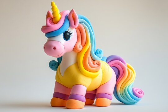 Vibrant clay unicorn sculpture with a rainbow mane and cheerful expression