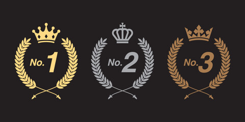 Gold, Silver, and Bronze Medal Rankings 1, 2, 3 with Laurel and Crown. Ranking One Two Three Awards. Vector.
