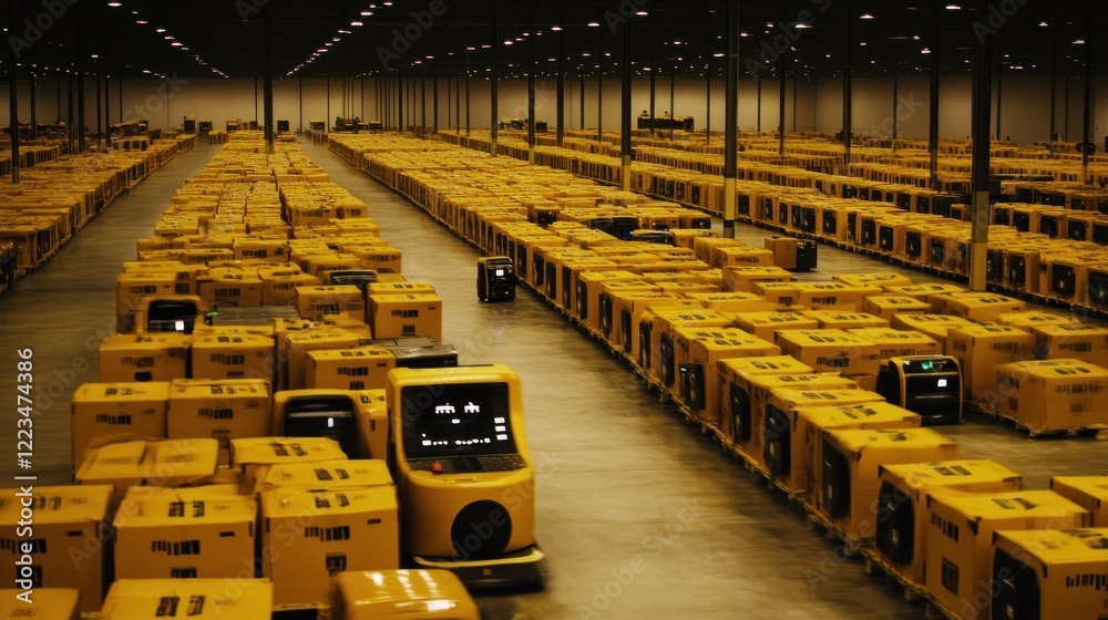 Poster Automated Warehouse Robots Moving Yellow Packages Efficiently