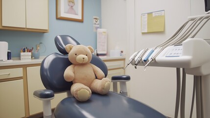 A cozy teddy bear placed on a dentist's chair, a warm and child-friendly approach in dental care. The setup highlights a reassuring environment designed to ease young patients' dental visits