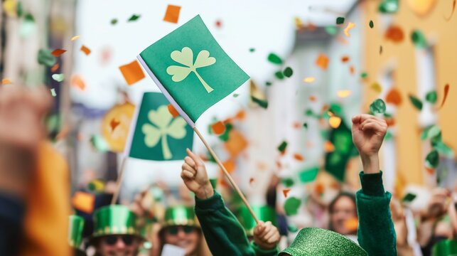 A lively St. Patrick's Day parade with cheerful participants waving flags with clovers. The festive atmosphere is filled with joy, vibrant green colors, cultural pride, celebrating a beloved holiday